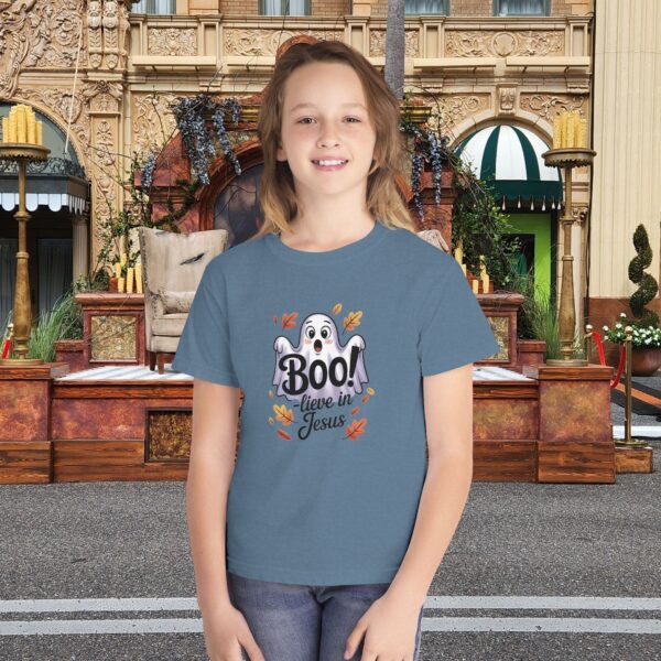 Boo-lieve in Jesus Kids Tee – Fall Christian Shirt Sizes XS to XL 11 Model of Boo-lieve in Jesus Kids Tee – Fall Christian Shirt Sizes XS to XL 10