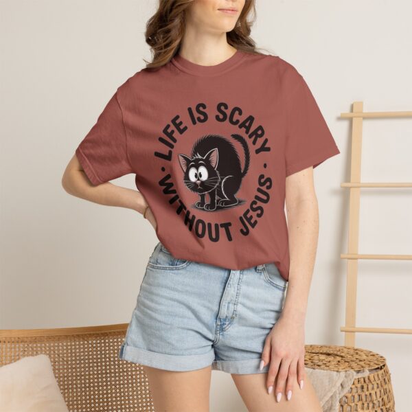 Model of Life Is Scary Without Jesus Christian T-Shirt - Scared Black Cat Tee 32