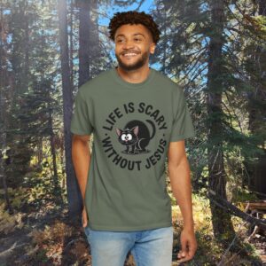 Life Is Scary Without Jesus Christian T-Shirt - Scared Black Cat Tee - Image 9