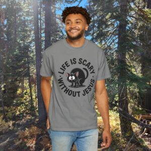 Life Is Scary Without Jesus Christian T-Shirt - Scared Black Cat Tee - Image 12