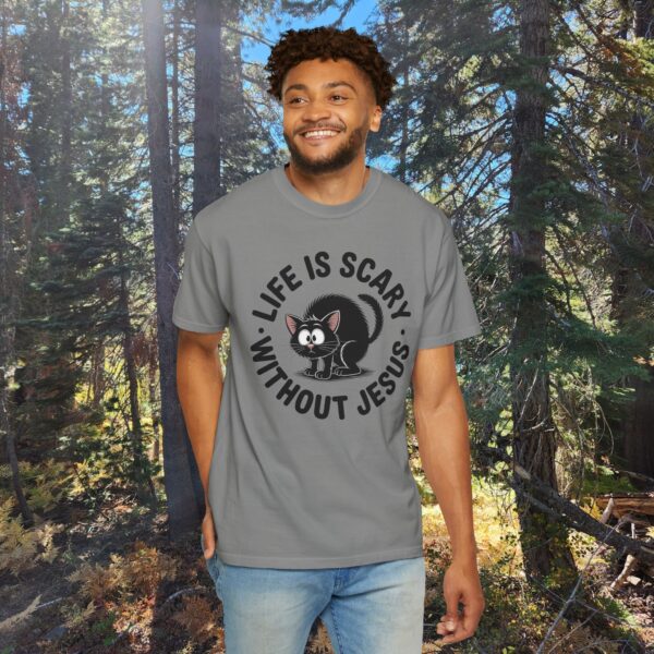 Model of Life Is Scary Without Jesus Christian T-Shirt - Scared Black Cat Tee 22