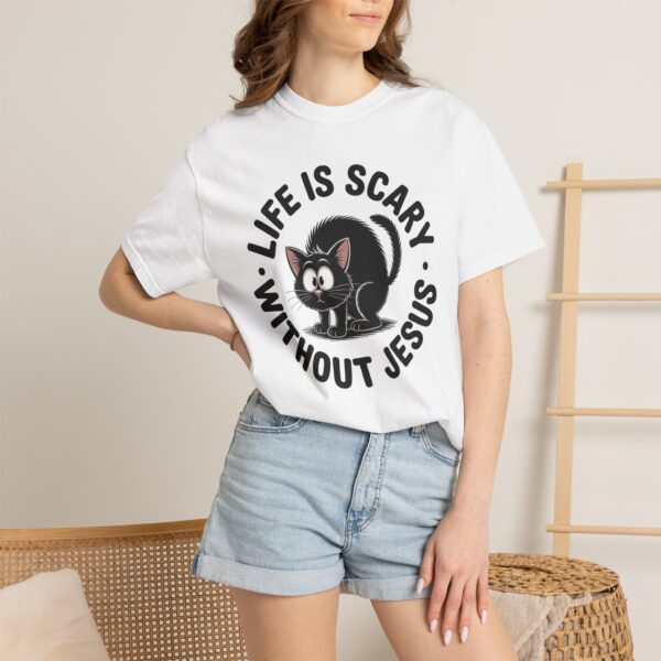 Model of Life Is Scary Without Jesus Christian T-Shirt - Scared Black Cat Tee 10