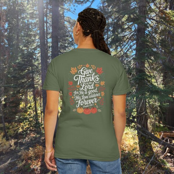 Model of Give Thanks to the Lord Fall Christian T-Shirt - Psalm 136:1 8