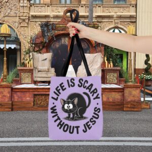 Life Is Scary Without Jesus Christian Tote Bag - Black Cat Canvas Tote Bag - Image 6