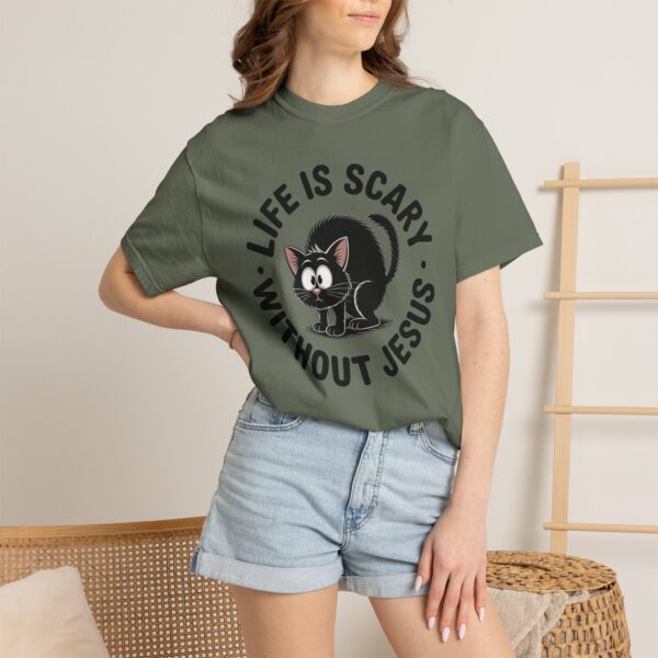 Model of Life Is Scary Without Jesus Christian T-Shirt - Scared Black Cat Tee 14