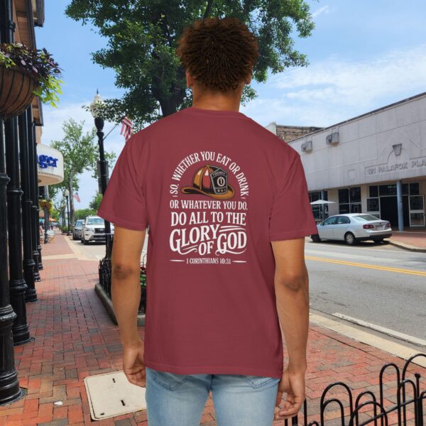 Model of Christian Firefighter T-Shirt 1 Corinthians 10:31 - Do All to the Glory of God 4