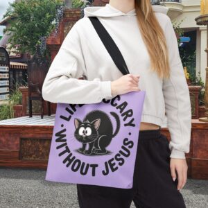 Life Is Scary Without Jesus Christian Tote Bag - Black Cat Canvas Tote Bag - Image 4