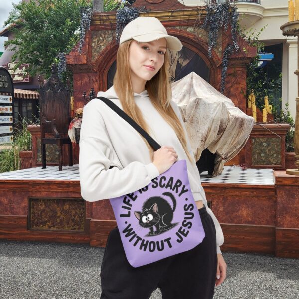 Model of Life Is Scary Without Jesus Christian Tote Bag - Black Cat Canvas Tote Bag 12