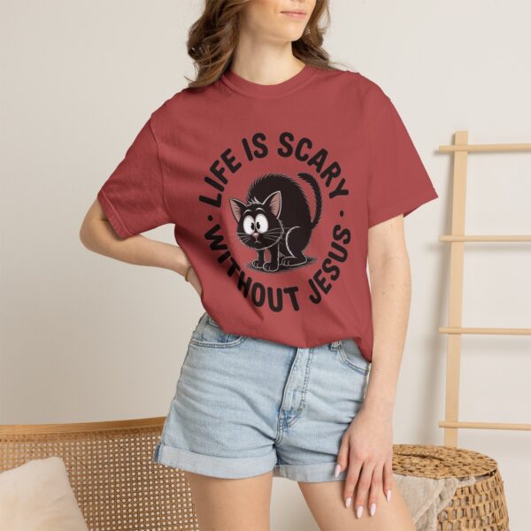 Model of Life Is Scary Without Jesus Christian T-Shirt - Scared Black Cat Tee 2