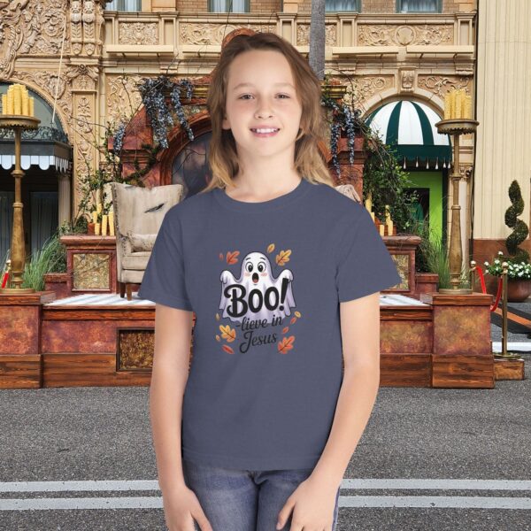 Boo-lieve in Jesus Kids Tee – Fall Christian Shirt Sizes XS to XL 13 Model of Boo-lieve in Jesus Kids Tee – Fall Christian Shirt Sizes XS to XL 12