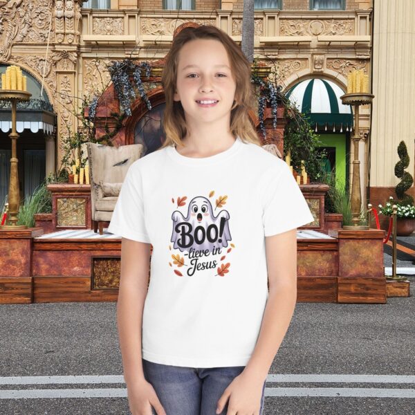 Boo-lieve in Jesus Kids Tee – Fall Christian Shirt Sizes XS to XL 5 Model of Boo-lieve in Jesus Kids Tee – Fall Christian Shirt Sizes XS to XL 4