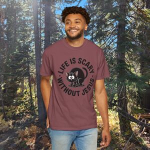 Life Is Scary Without Jesus Christian T-Shirt - Scared Black Cat Tee - Image 4