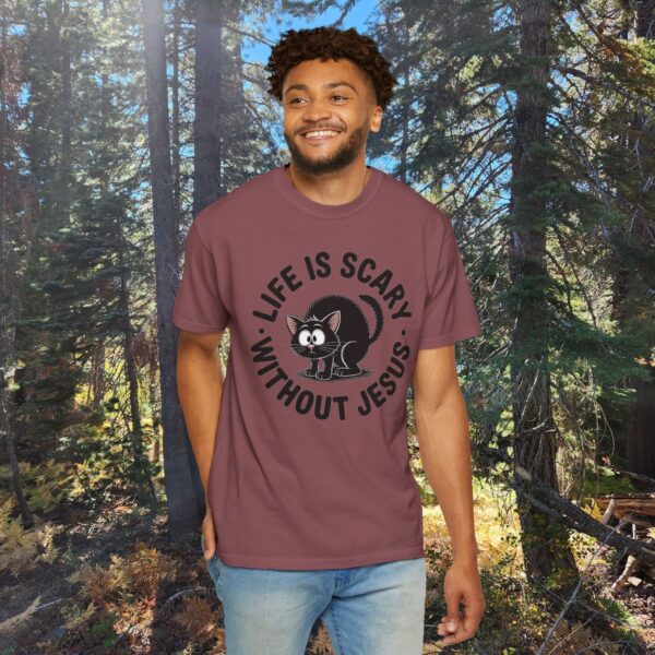 Model of Life Is Scary Without Jesus Christian T-Shirt - Scared Black Cat Tee 6